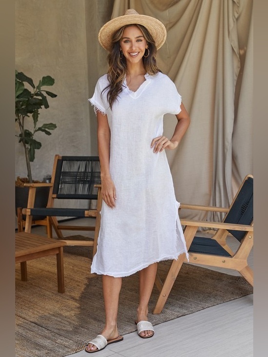 Milio Milano Dresses & Skirts - (12267/154217-WHT) LINEN SHORT SLEEVE TUNIC DRESS WITH FRAYED DETAIL